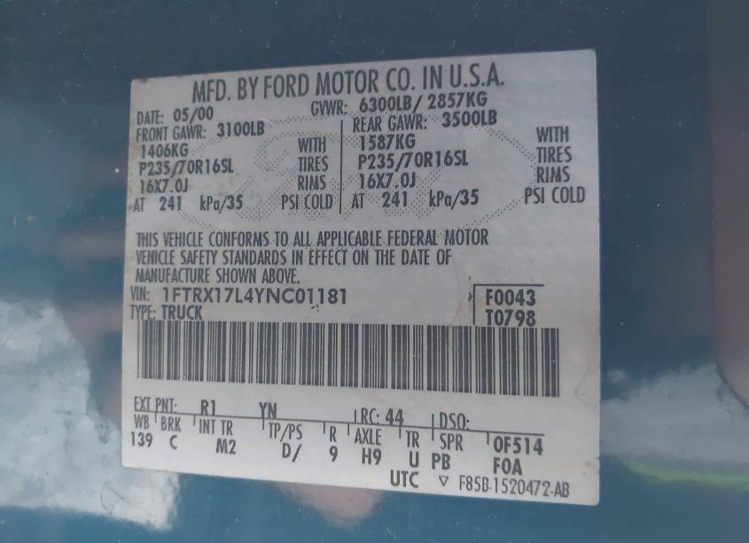 Photo 9 of 2000 Ford F-150 LARIAT/WORK SERIES/XL/XLT (VIN 1FTRX17L4YNC01181)