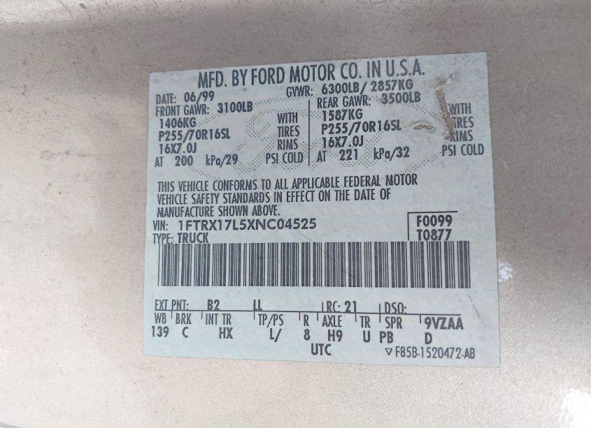 Photo 9 of 1999 Ford F-150 LARIAT/XL/XLT (VIN 1FTRX17L5XNC04525)