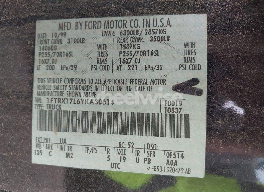 Photo 9 of 2000 Ford F-150 LARIAT/WORK SERIES/XL/XLT (VIN 1FTRX17L6YKA30614)