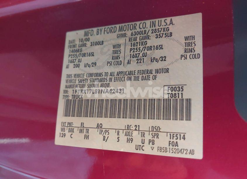 Photo 9 of 2001 Ford F-150 LARIAT/XL/XLT (VIN 1FTRX17L81NA42431)