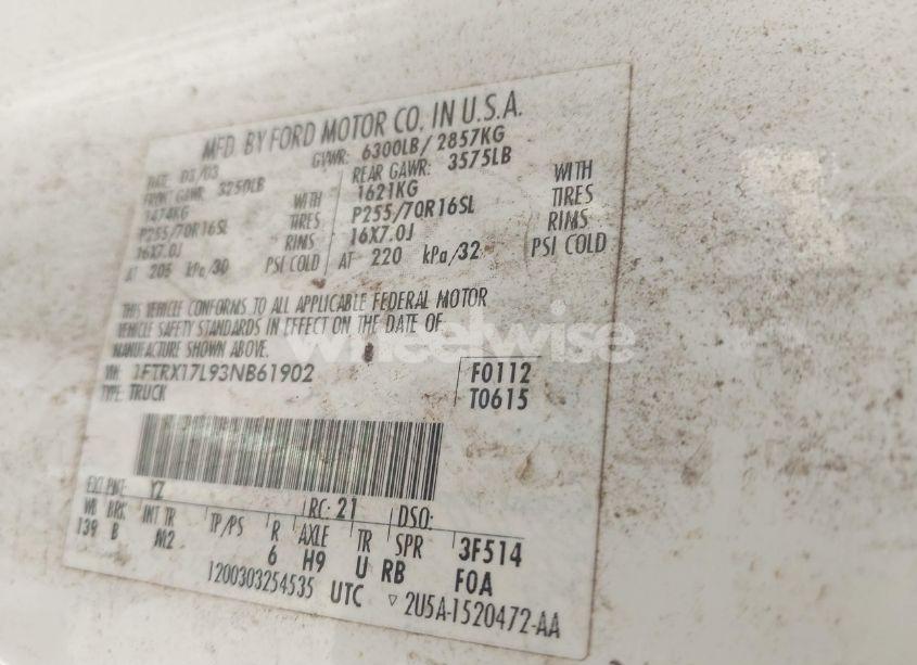 Photo 9 of 2003 Ford F-150 LARIAT/XL/XLT (VIN 1FTRX17L93NB61902)