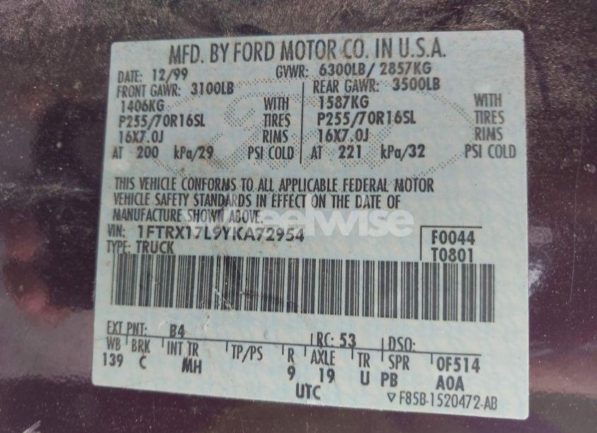 Photo 9 of 2000 Ford F-150 LARIAT/WORK SERIES/XL/XLT (VIN 1FTRX17L9YKA72954)