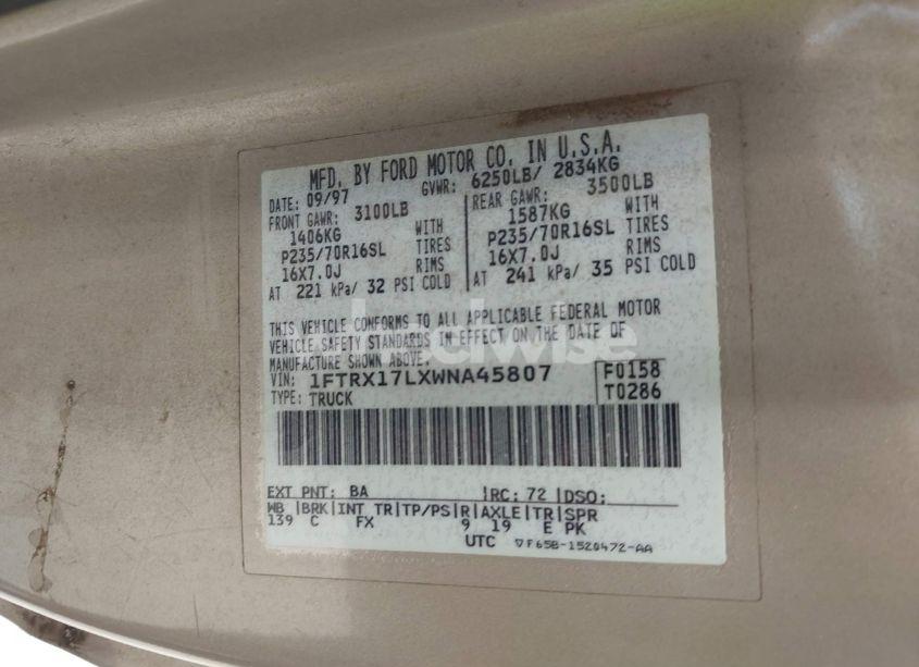 Photo 9 of 1998 Ford F-150 LARIAT/XL/XLT (VIN 1FTRX17LXWNA45807)