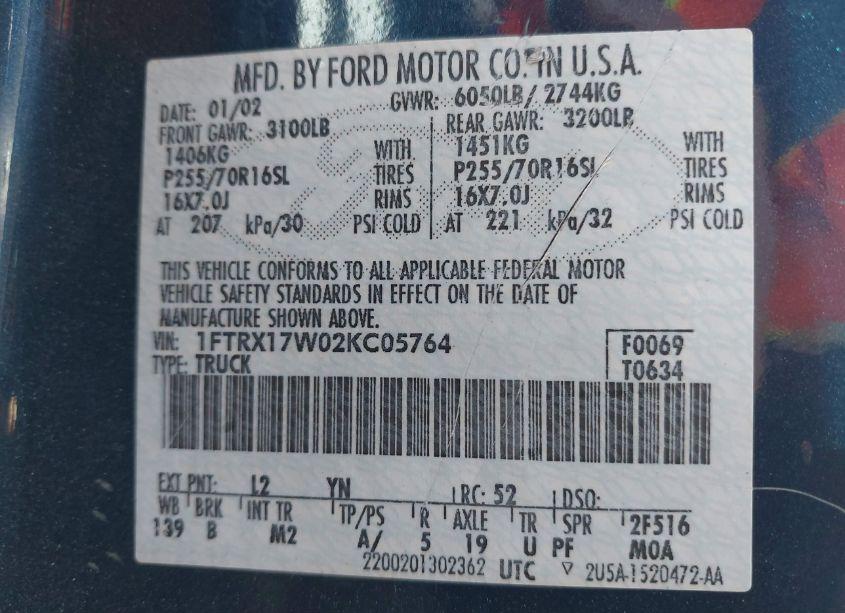 Photo 9 of 2002 Ford F-150 LARIAT/XL/XLT (VIN 1FTRX17W02KC05764)