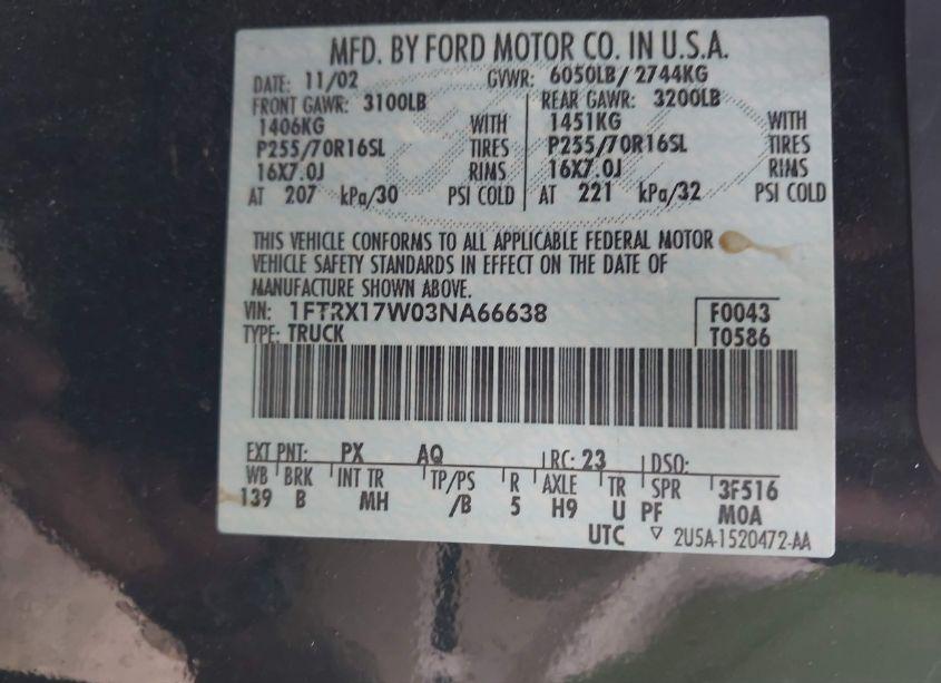 Photo 9 of 2003 Ford F-150 LARIAT/XL/XLT (VIN 1FTRX17W03NA66638)