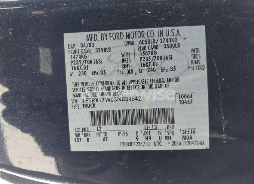 Photo 9 of 2003 Ford F-150 LARIAT/XL/XLT (VIN 1FTRX17W03NB84642)