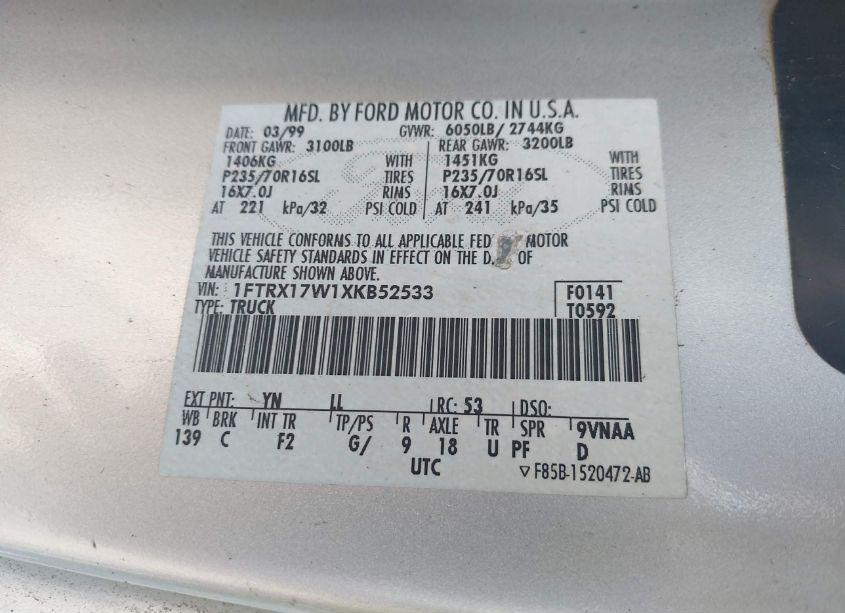 Photo 9 of 1999 Ford F150 (VIN 1FTRX17W1XKB52533)