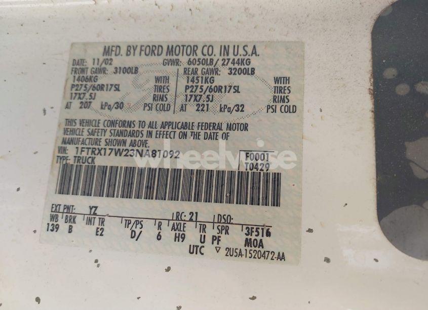 Photo 9 of 2003 Ford F-150 LARIAT/XL/XLT (VIN 1FTRX17W23NA81092)