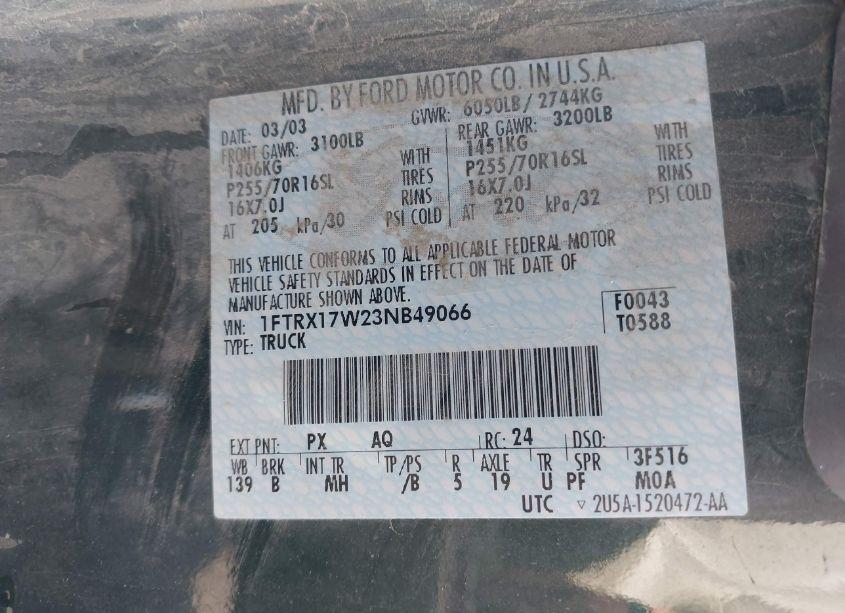 Photo 9 of 2003 Ford F-150 LARIAT/XL/XLT/XLT HERITAGE (VIN 1FTRX17W23NB49066)