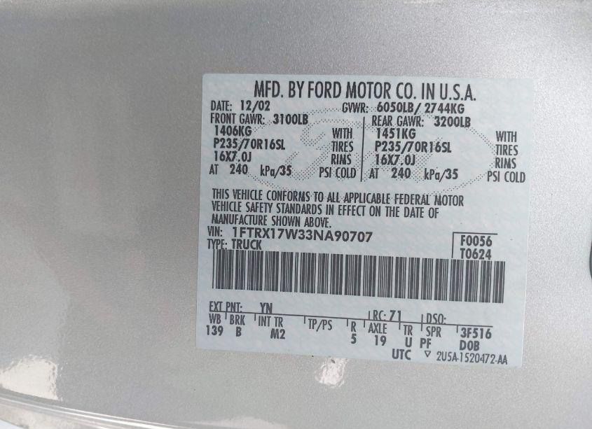 Photo 9 of 2003 Ford F-150 LARIAT/XL/XLT (VIN 1FTRX17W33NA90707)