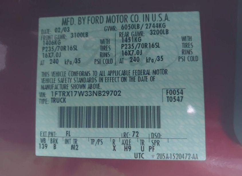 Photo 9 of 2003 Ford F-150 LARIAT/XL/XLT (VIN 1FTRX17W33NB29702)