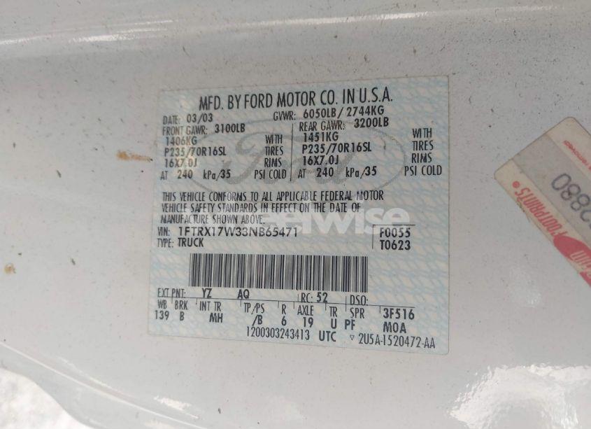 Photo 9 of 2003 Ford F-150 LARIAT/XL/XLT (VIN 1FTRX17W33NB65471)