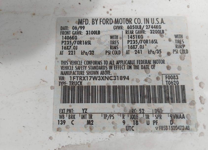 Photo 9 of 1999 Ford F-150 LARIAT/WORK SERIES/XL/XLT (VIN 1FTRX17W3XNC31894)
