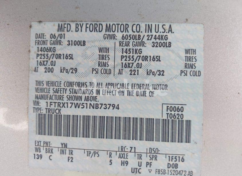 Photo 9 of 2001 Ford F-150 LARIAT/XL/XLT (VIN 1FTRX17W51NB73794)