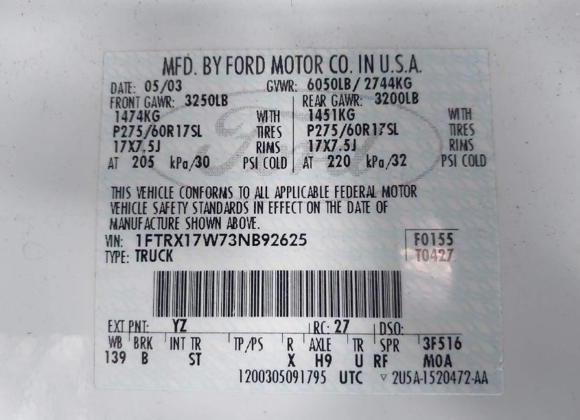 Photo 9 of 2003 Ford F-150 LARIAT/XL/XLT (VIN 1FTRX17W73NB92625)