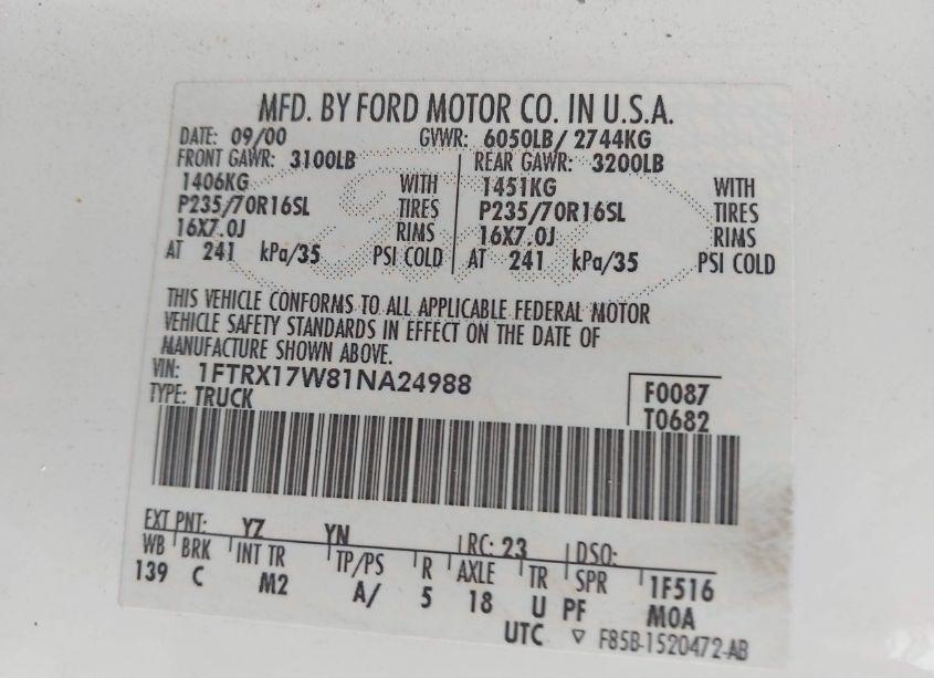 Photo 9 of 2001 Ford F-150 LARIAT/XL/XLT (VIN 1FTRX17W81NA24988)