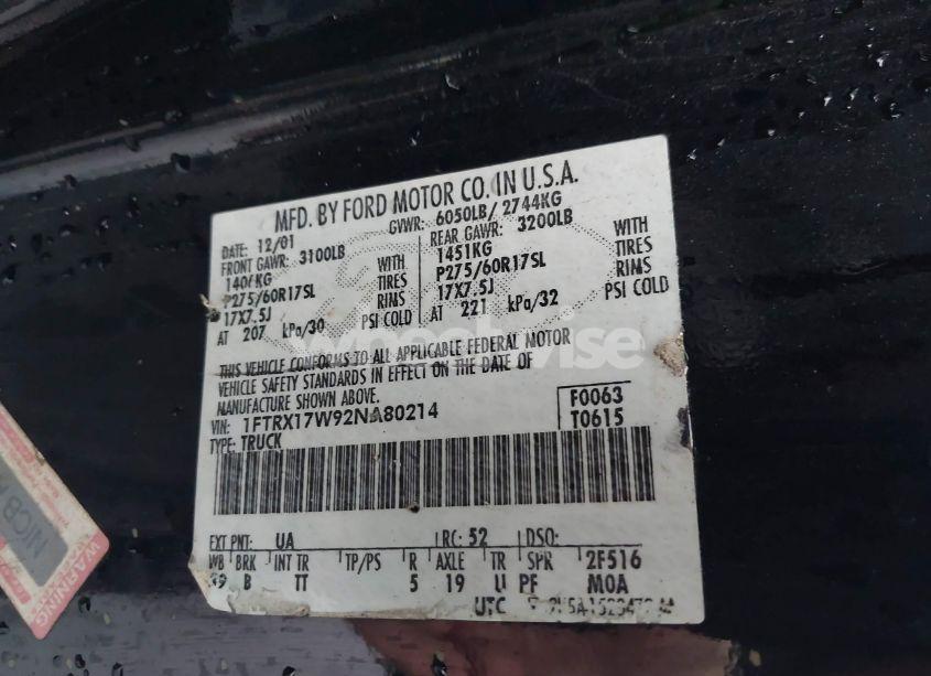 Photo 9 of 2002 Ford F-150 LARIAT/XL/XLT (VIN 1FTRX17W92NA80214)