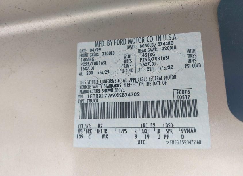 Photo 9 of 1999 Ford F-150 LARIAT/WORK SERIES/XL/XLT (VIN 1FTRX17W9XKB74702)