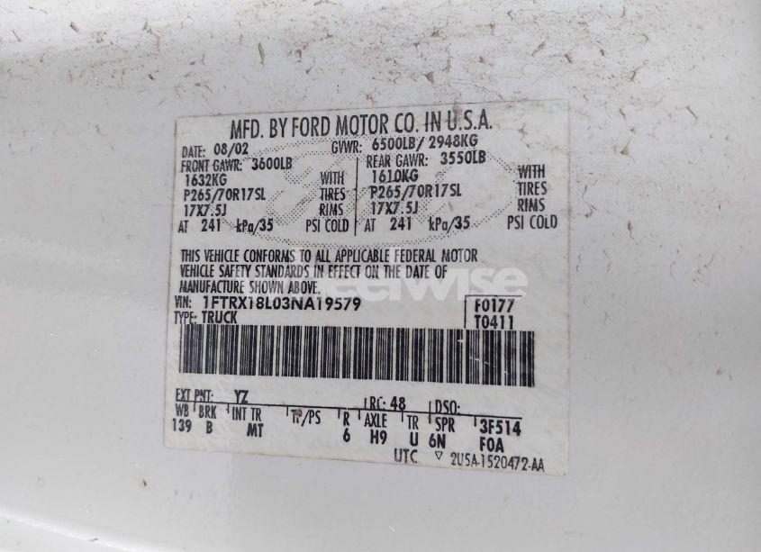 Photo 9 of 2003 Ford F-150 LARIAT/XL/XLT (VIN 1FTRX18L03NA19579)