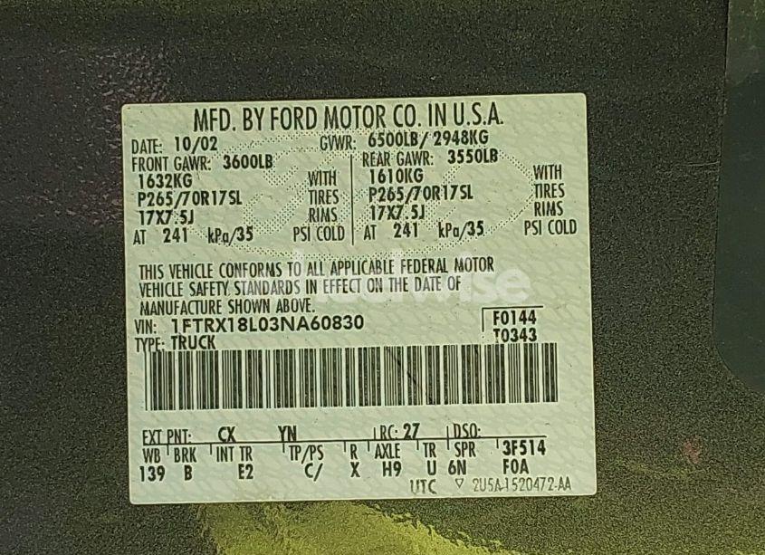 Photo 9 of 2003 Ford F-150 LARIAT/XL/XLT (VIN 1FTRX18L03NA60830)