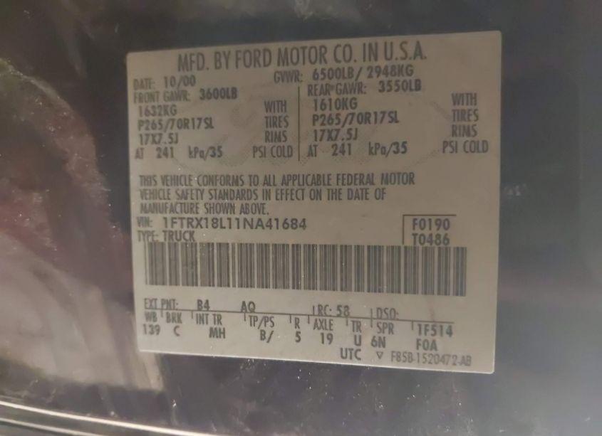 Photo 9 of 2001 Ford F-150 LARIAT/XL/XLT (VIN 1FTRX18L11NA41684)