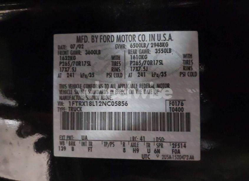 Photo 9 of 2002 Ford F-150 LARIAT/XL/XLT (VIN 1FTRX18L12NC05856)