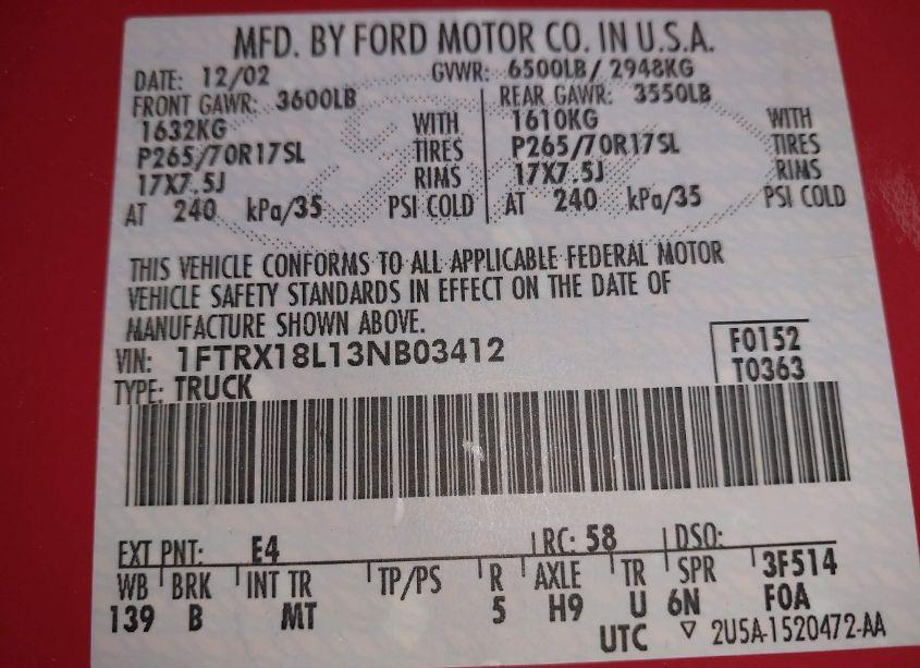 Photo 9 of 2003 Ford F-150 LARIAT/XL/XLT (VIN 1FTRX18L13NB03412)