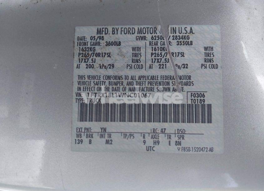 Photo 9 of 1998 Ford F-150 LARIAT/STANDARD/XL/XLT (VIN 1FTRX18L1WNC01067)