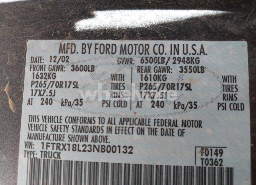 Photo 9 of 2003 Ford F-150 LARIAT/XL/XLT (VIN 1FTRX18L23NB00132)