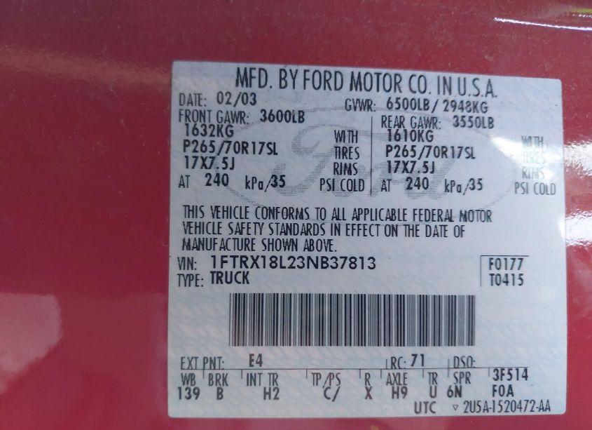 Photo 9 of 2003 Ford F-150 LARIAT/XL/XLT (VIN 1FTRX18L23NB37813)