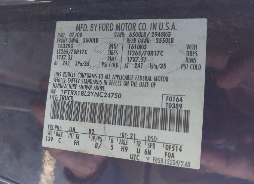 Photo 9 of 2000 Ford F-150 LARIAT/WORK SERIES/XL/XLT (VIN 1FTRX18L2YNC24750)