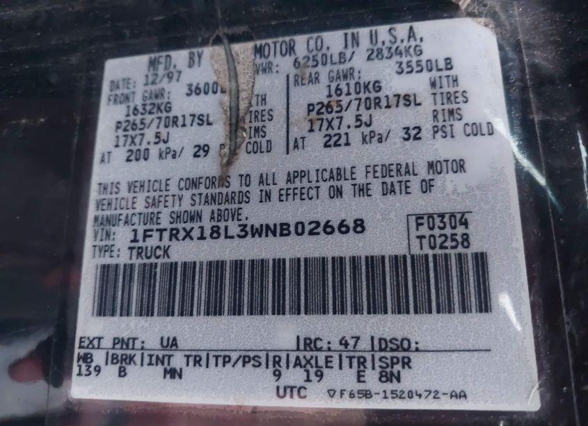 Photo 9 of 1998 Ford F-150 LARIAT/STANDARD/XL/XLT (VIN 1FTRX18L3WNB02668)