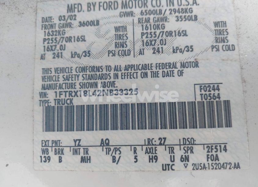 Photo 9 of 2002 Ford F-150 LARIAT/XL/XLT (VIN 1FTRX18L42NB33325)