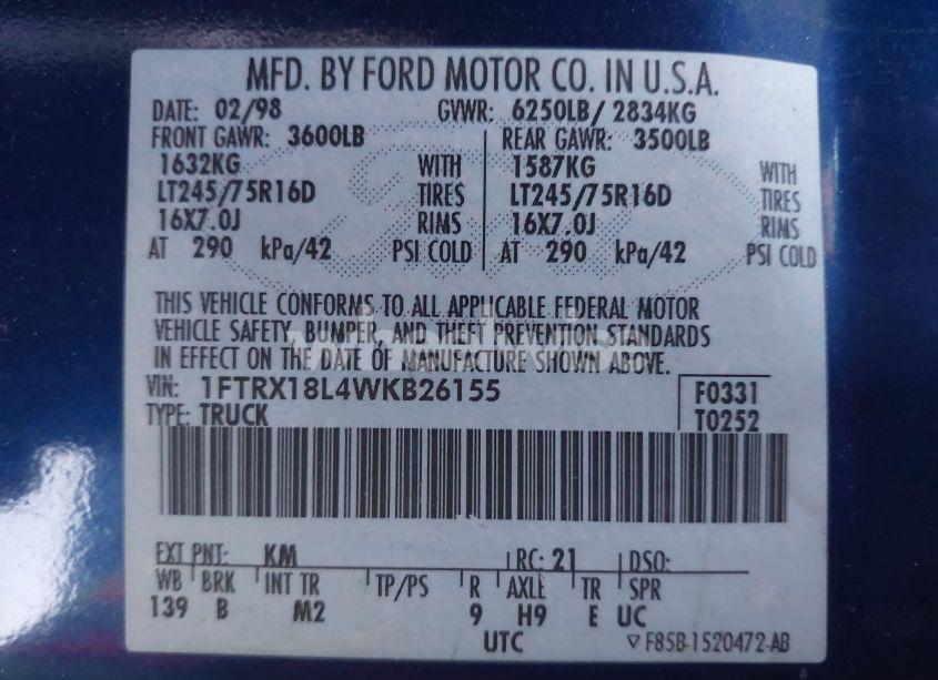 Photo 9 of 1998 Ford F-150 LARIAT/STANDARD/XL/XLT (VIN 1FTRX18L4WKB26155)