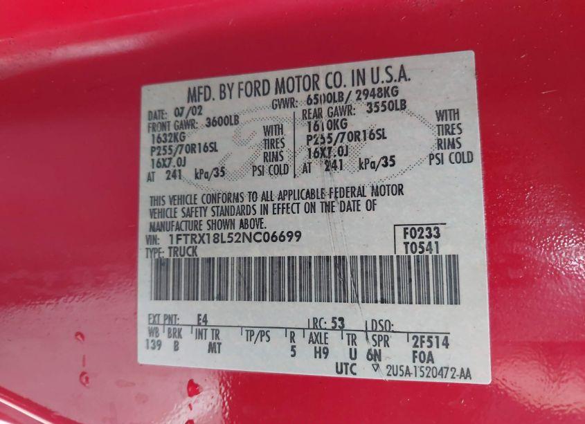 Photo 9 of 2002 Ford F-150 LARIAT/XL/XLT (VIN 1FTRX18L52NC06699)