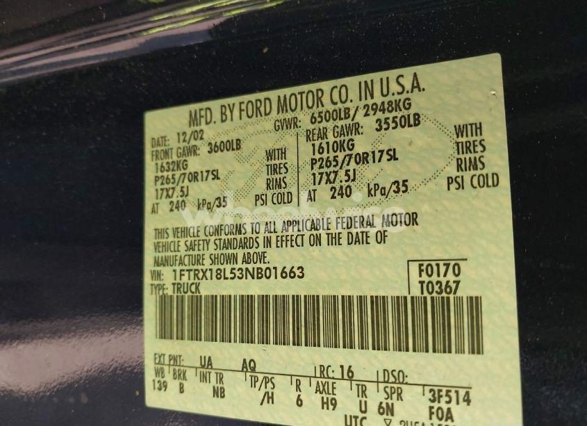 Photo 9 of 2003 Ford F-150 LARIAT/XL/XLT (VIN 1FTRX18L53NB01663)