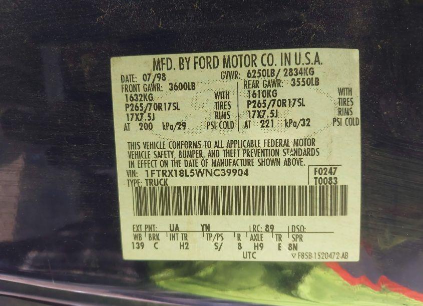 Photo 9 of 1998 Ford F-150 LARIAT/STANDARD/XL/XLT (VIN 1FTRX18L5WNC39904)