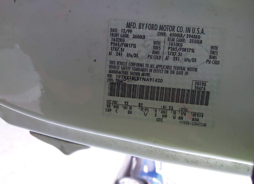 Photo 9 of 2000 Ford F-150 LARIAT/WORK SERIES/XL/XLT (VIN 1FTRX18L5YNA91420)