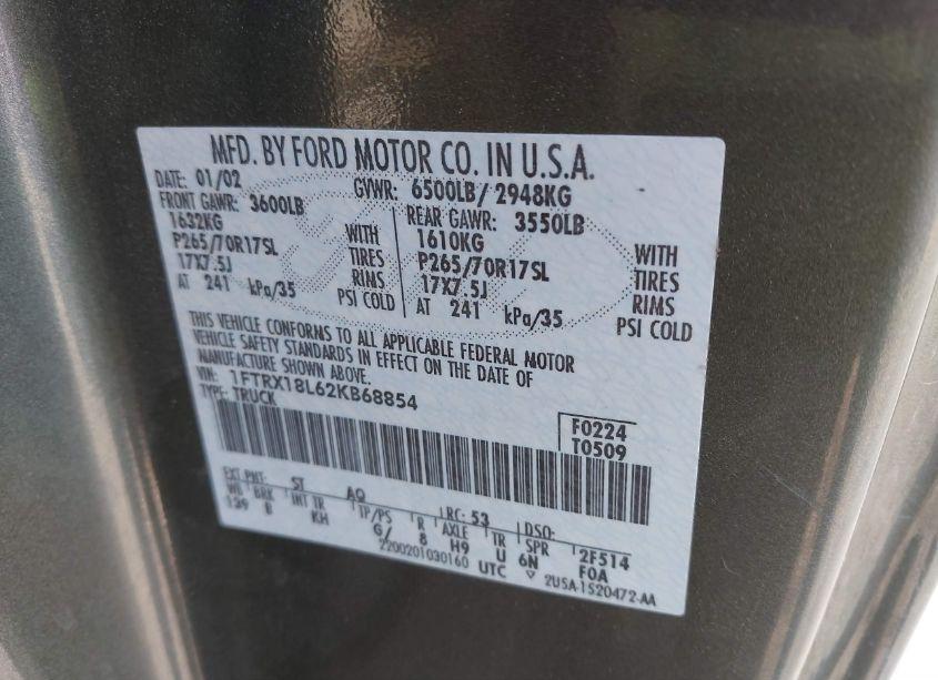 Photo 9 of 2002 Ford F-150 LARIAT/XL/XLT (VIN 1FTRX18L62KB68854)