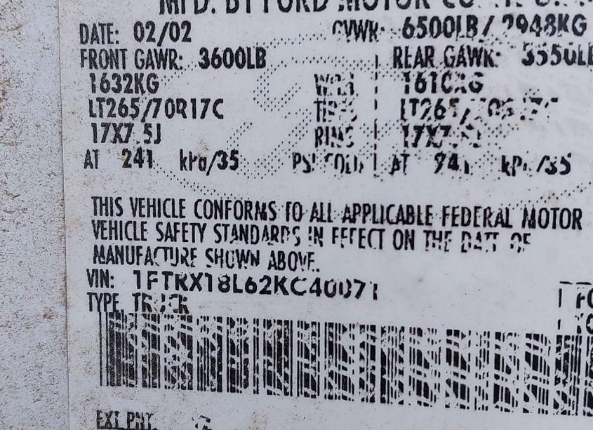 Photo 9 of 2002 Ford F-150 LARIAT/XL/XLT (VIN 1FTRX18L62KC40071)