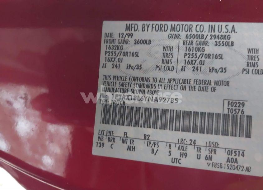 Photo 9 of 2000 Ford F-150 LARIAT/WORK SERIES/XL/XLT (VIN 1FTRX18L6YNA92785)