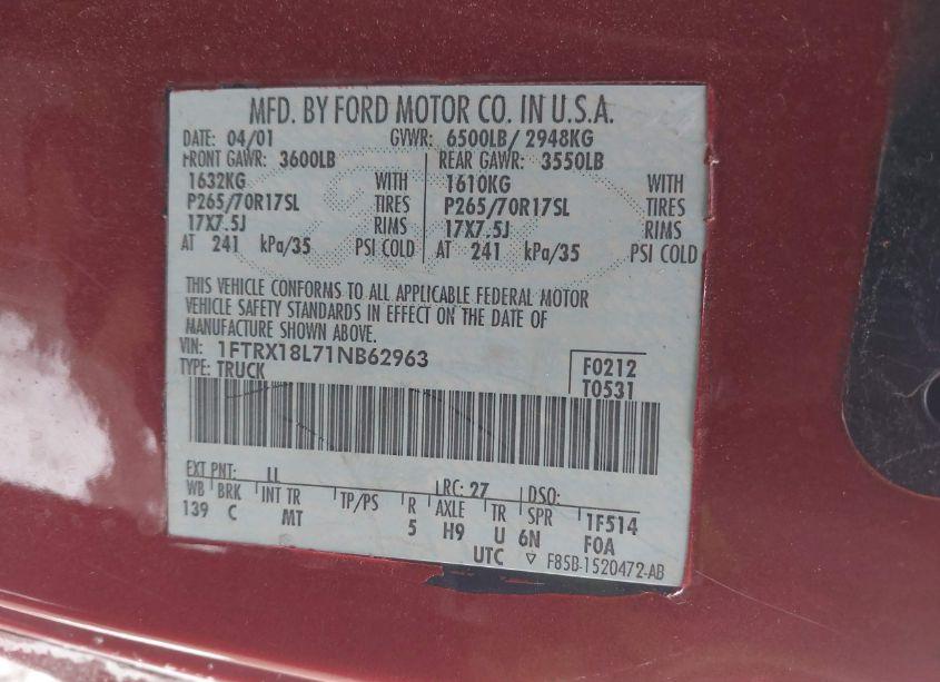 Photo 9 of 2001 Ford F-150 LARIAT/XL/XLT (VIN 1FTRX18L71NB62963)