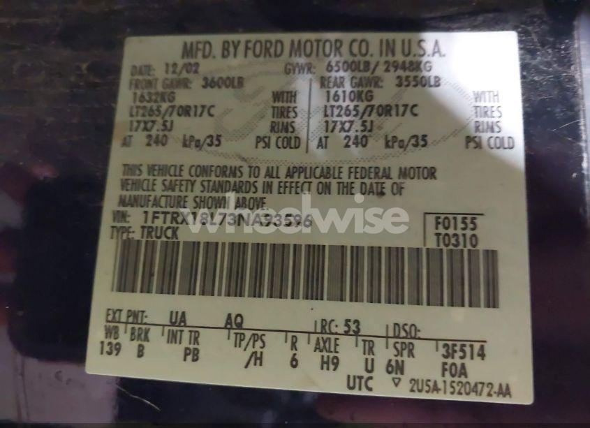 Photo 9 of 2003 Ford F-150 LARIAT/XL/XLT (VIN 1FTRX18L73NA93596)