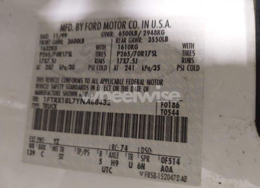 Photo 9 of 2000 Ford F-150 LARIAT/WORK SERIES/XL/XLT (VIN 1FTRX18L7YNA68432)