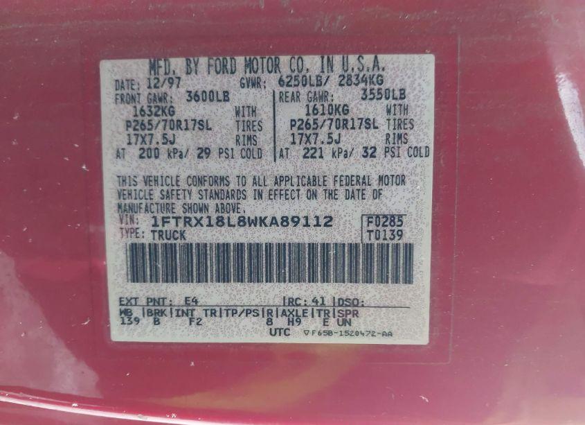 Photo 9 of 1998 Ford F-150 LARIAT/STANDARD/XL/XLT (VIN 1FTRX18L8WKA89112)