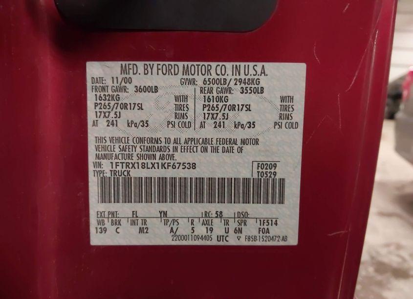 Photo 9 of 2001 Ford F-150 LARIAT/XL/XLT (VIN 1FTRX18LX1KF67538)