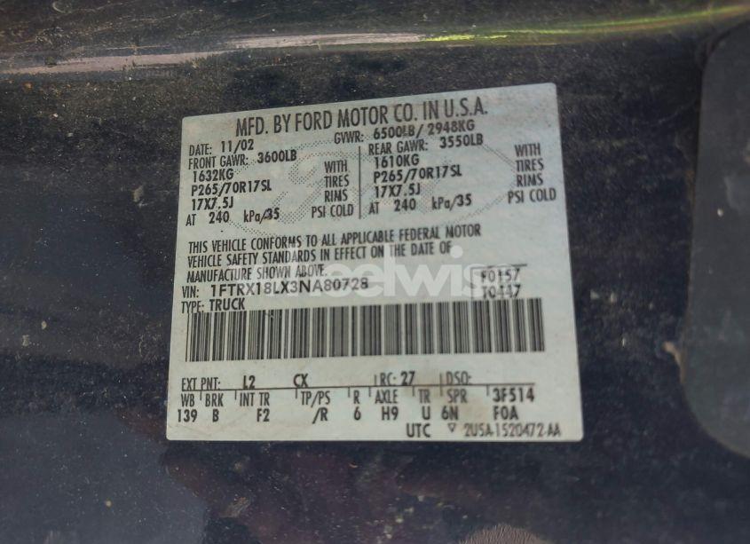 Photo 9 of 2003 Ford F-150 LARIAT/XL/XLT (VIN 1FTRX18LX3NA80728)