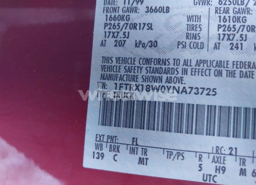 Photo 9 of 2000 Ford F-150 LARIAT/WORK SERIES/XL/XLT (VIN 1FTRX18W0YNA73725)