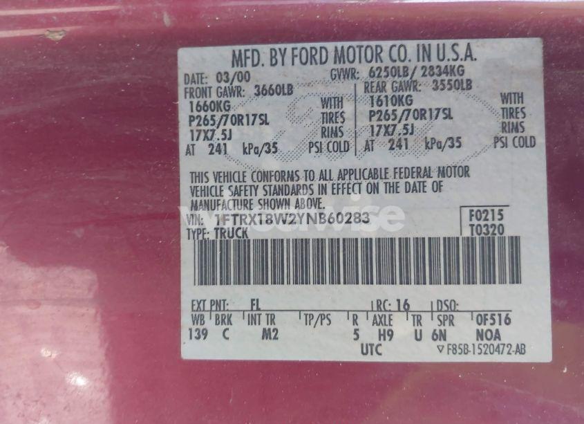 Photo 9 of 2000 Ford F-150 LARIAT/WORK SERIES/XL/XLT (VIN 1FTRX18W2YNB60283)