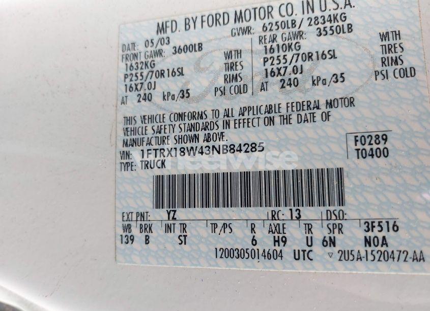 Photo 9 of 2003 Ford F-150 LARIAT/XL/XLT (VIN 1FTRX18W43NB84285)